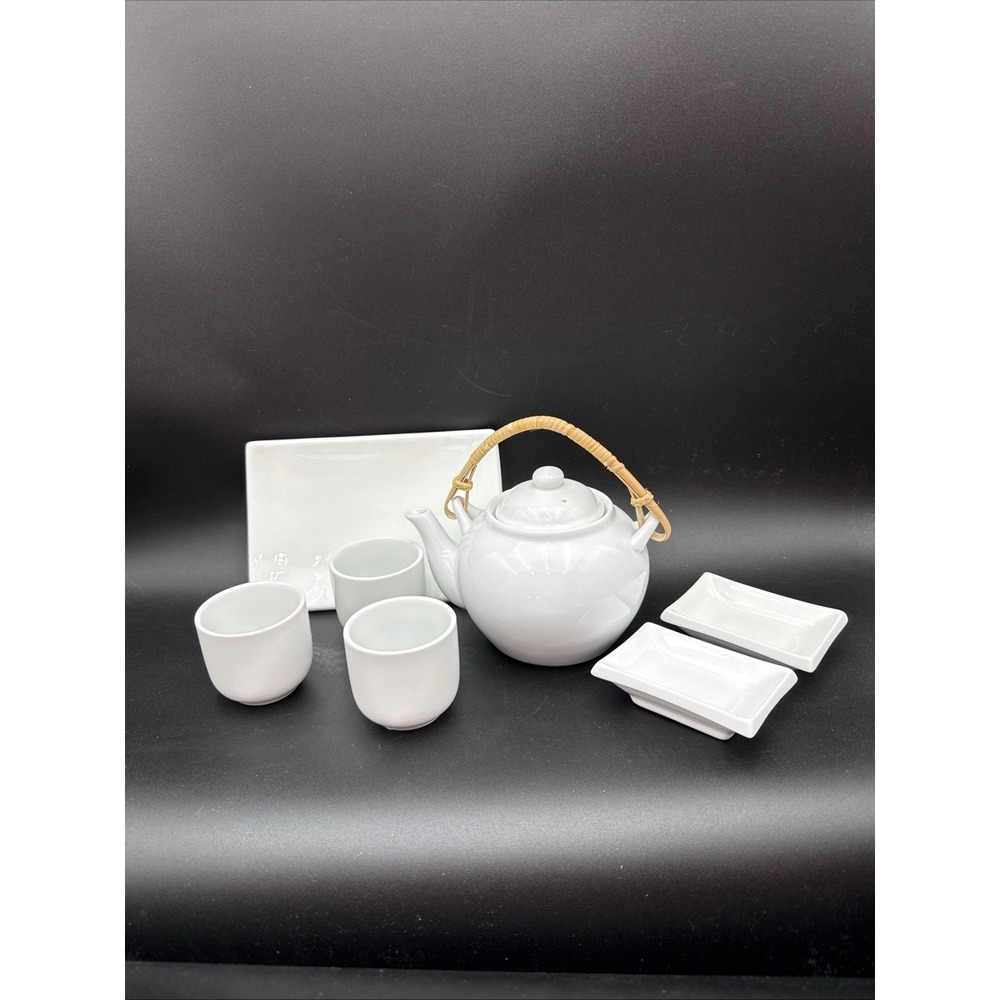 Pier One Imports Asian Style White Porcelain China Tea Set Teapot 3 Cups & Trays